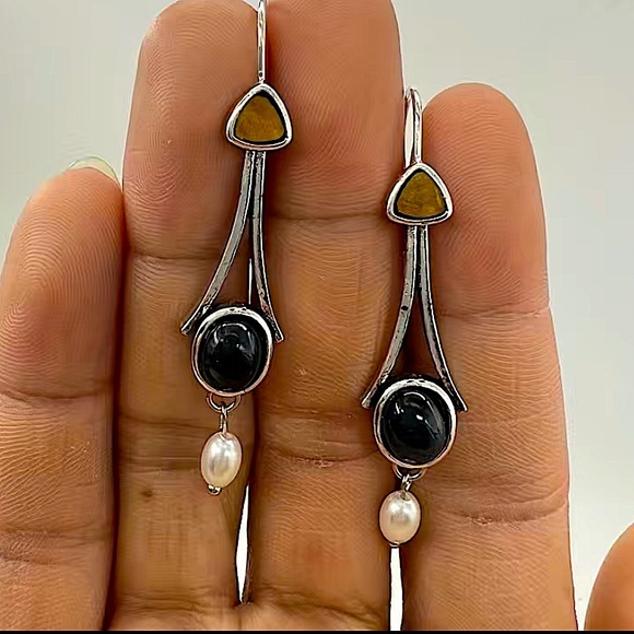 Silver Vintage Handmade Boho Geometric Stone Dangle Earrings - Picture 4 of 5